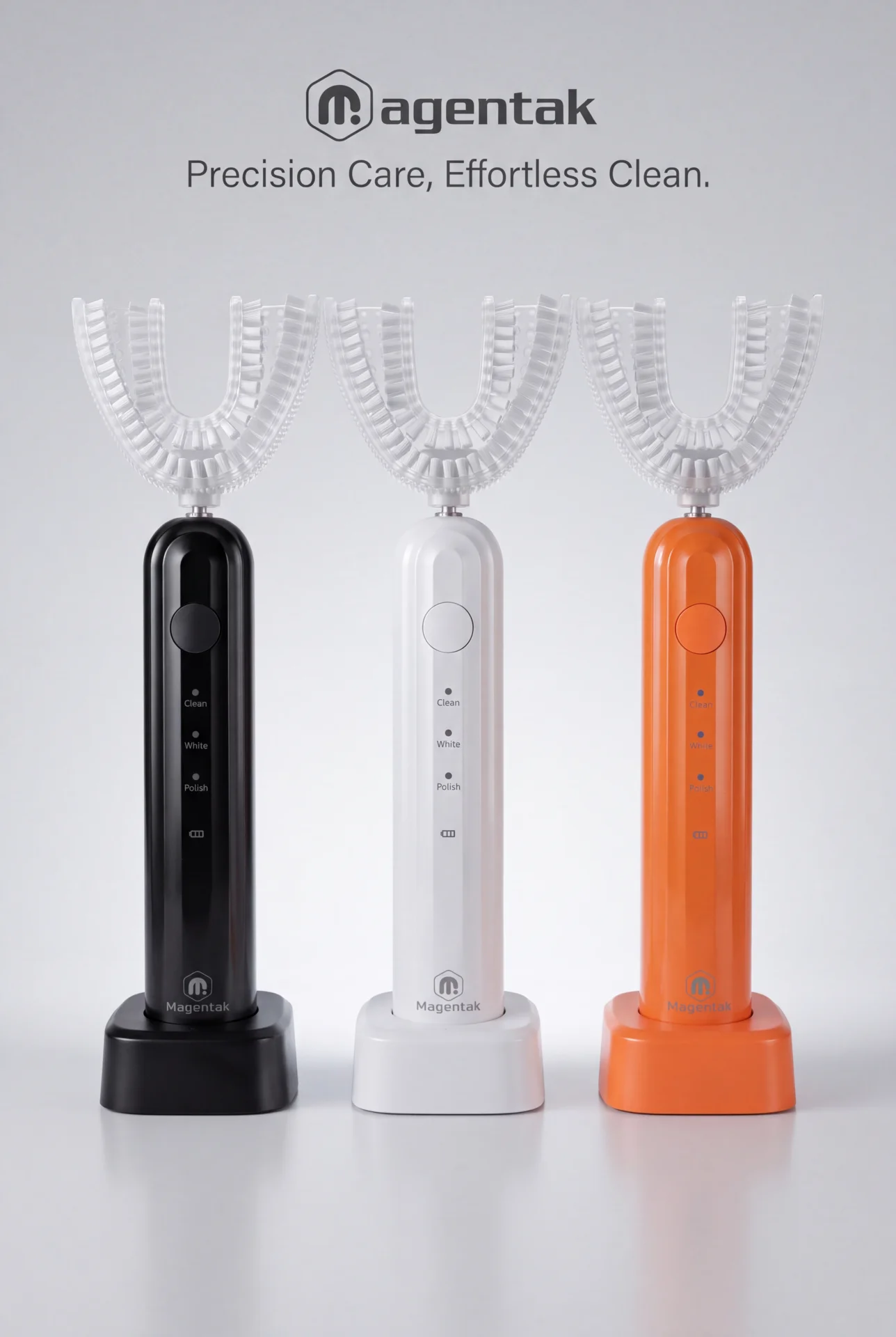 Three long-handle TB-03 toothbrushes in black, white, and orange